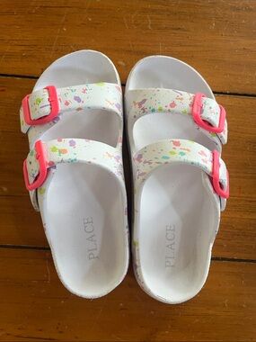 The Children's Place White Slide Sandals with Pink Buckles and Multicolor Splash